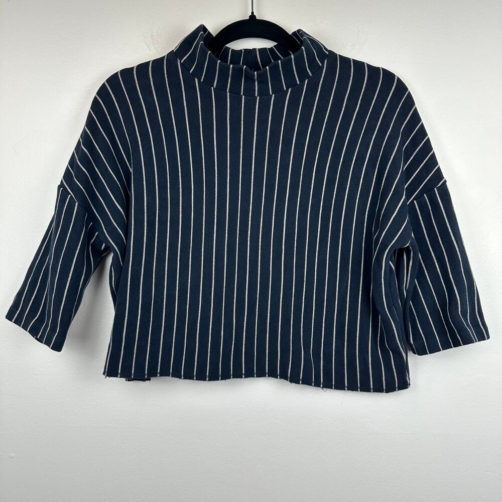 Zara W&B Collection Womens Half Sleeve Mock Neck Navy/White Striped Shirt Small